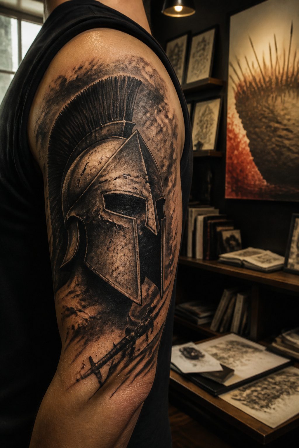 A sepia-toned Spartan helmet tattoo inspired by the film *300*.