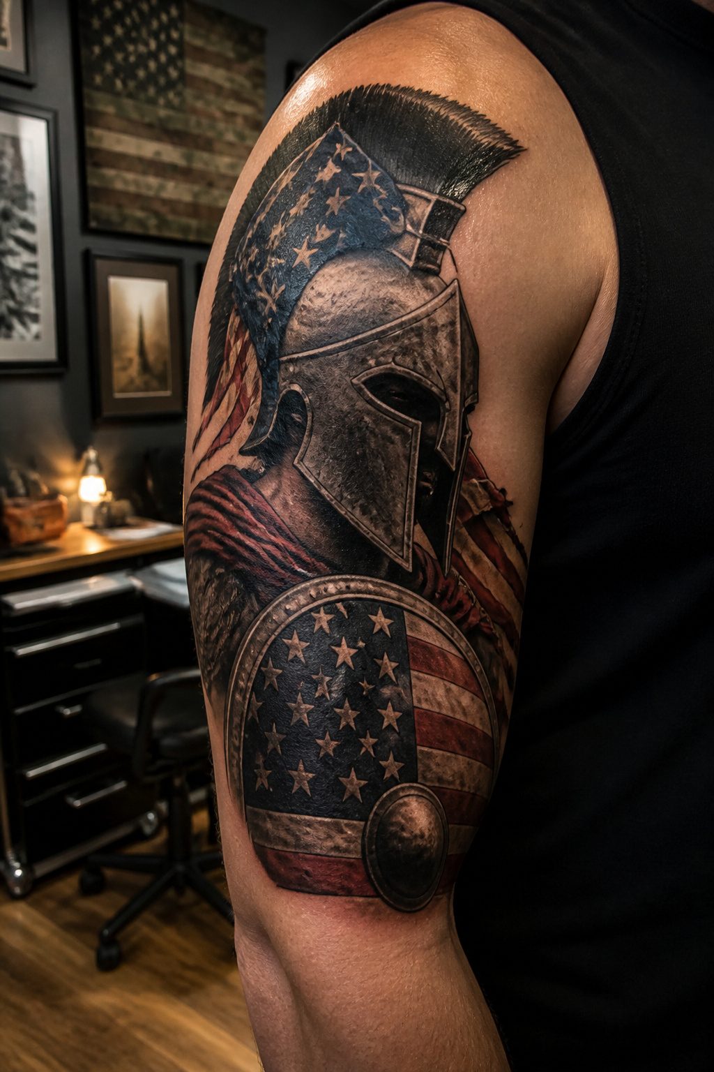 A Spartan helmet tattoo interwoven with American flag motifs.