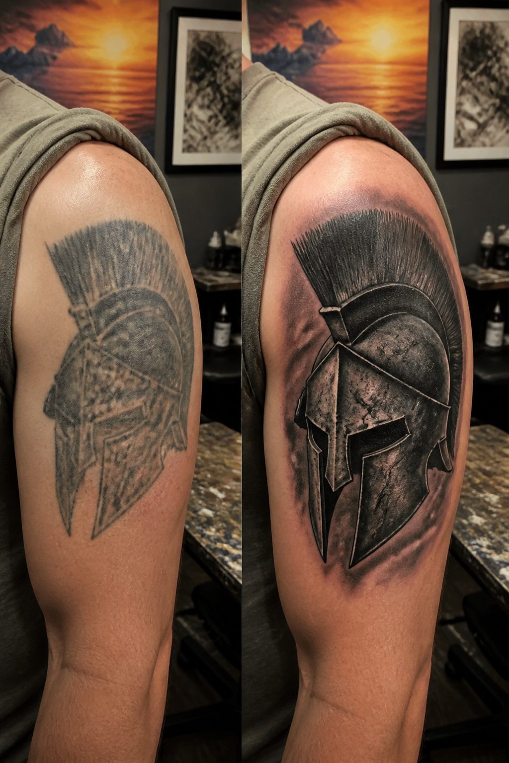 An image comparing black and grey tattoos to color tattoos.