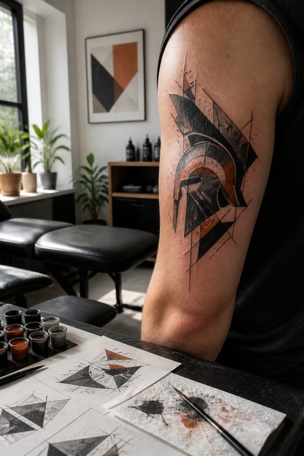 A geometric Spartan helmet tattoo with black and rust orange accents.