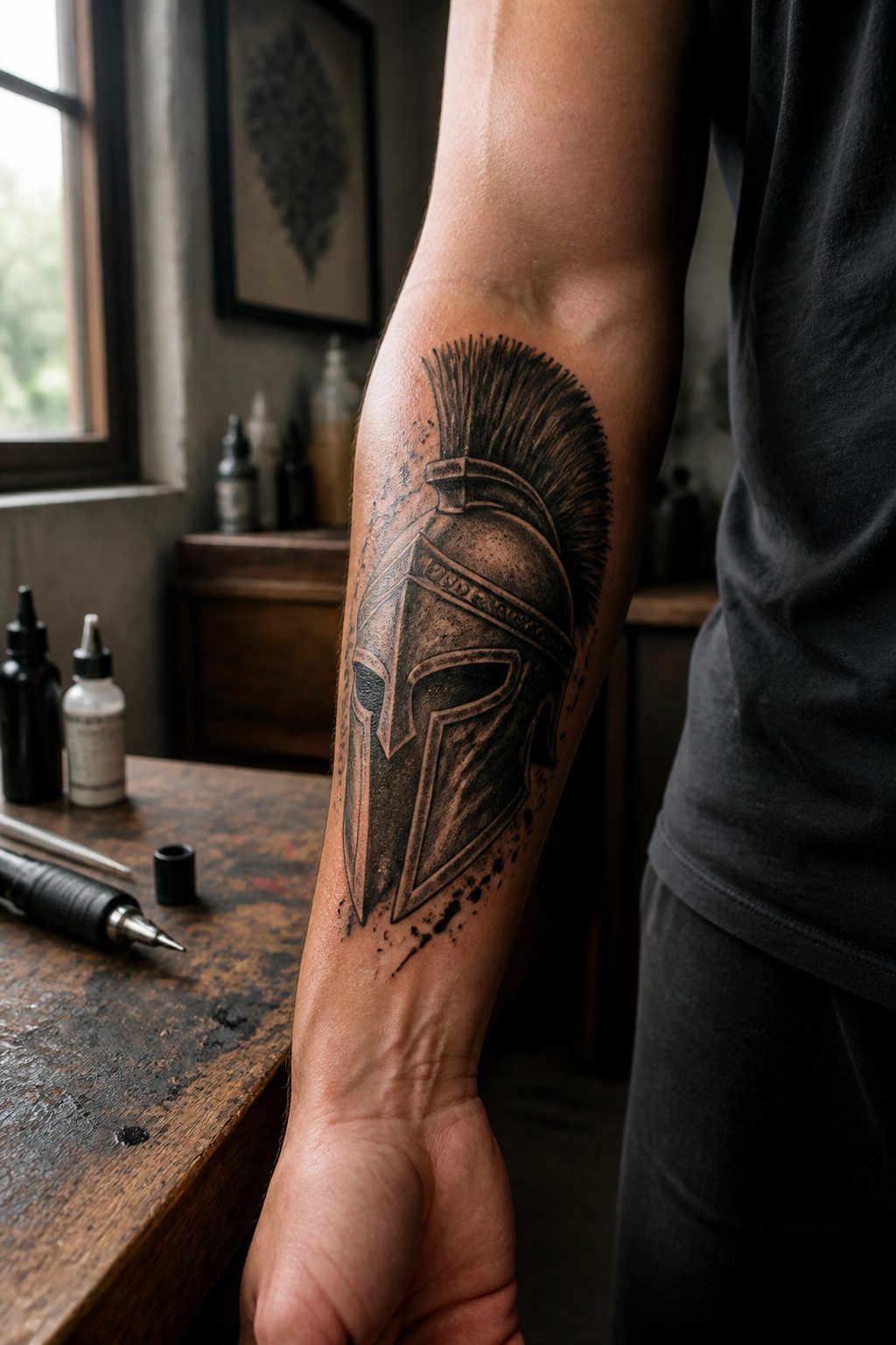 A Spartan helmet tattoo displayed on a client's forearm.