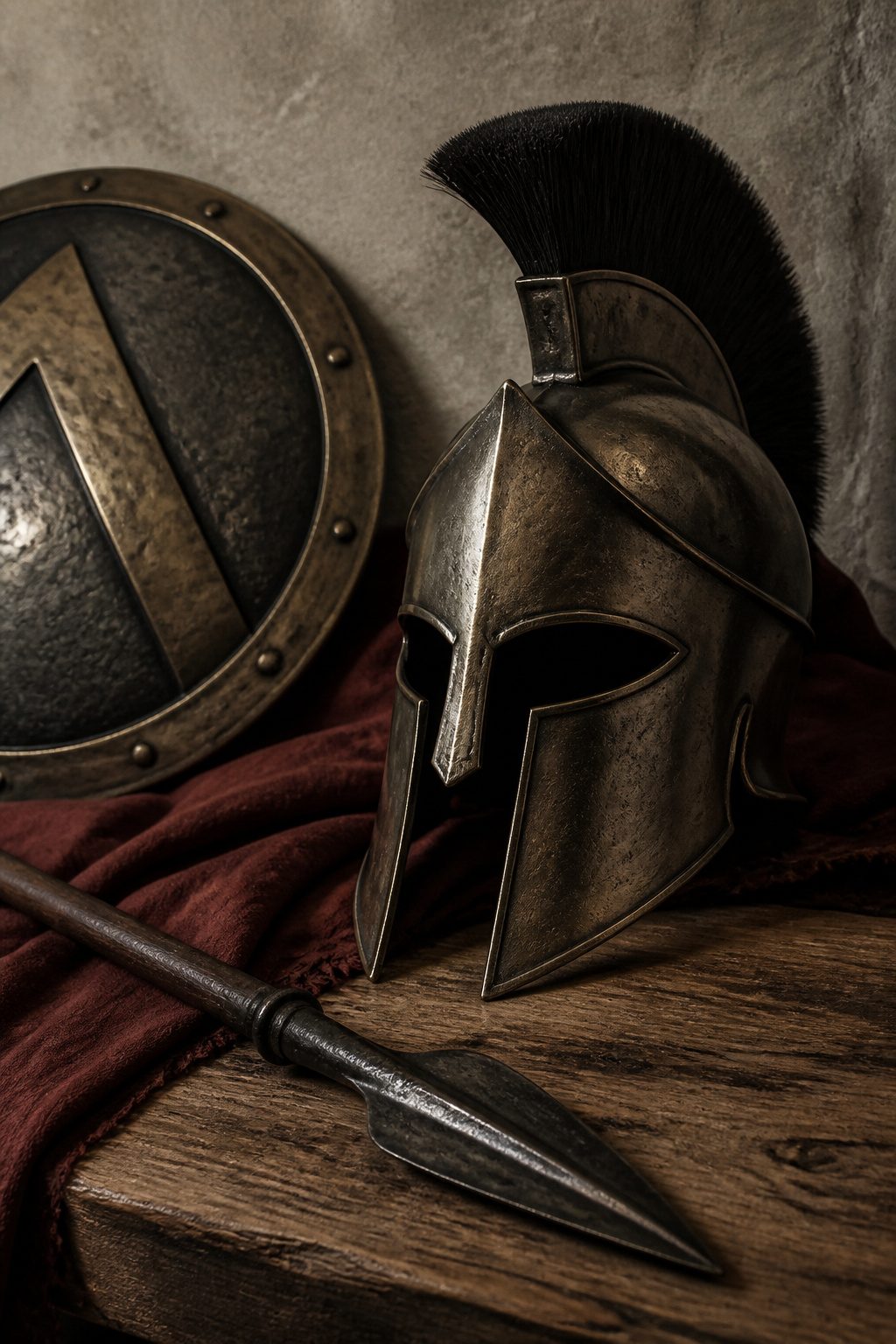 A Spartan helmet tattoo with Greek key patterns and olive branches.