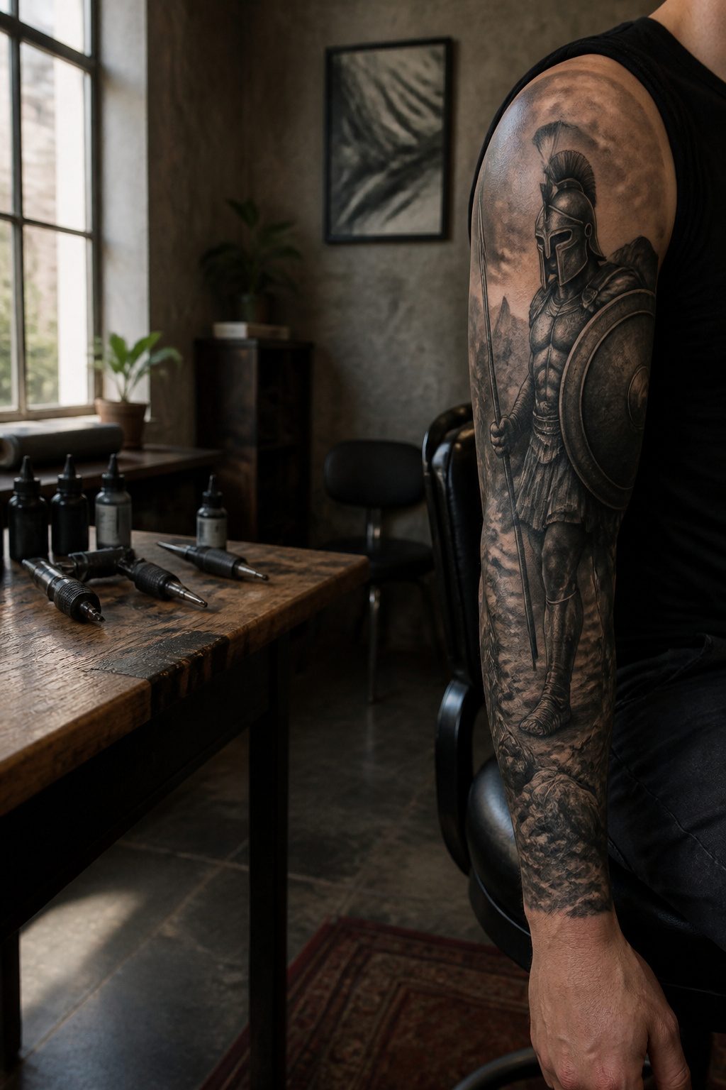 A half-sleeve tattoo of a Spartan warrior with a spear and shield.