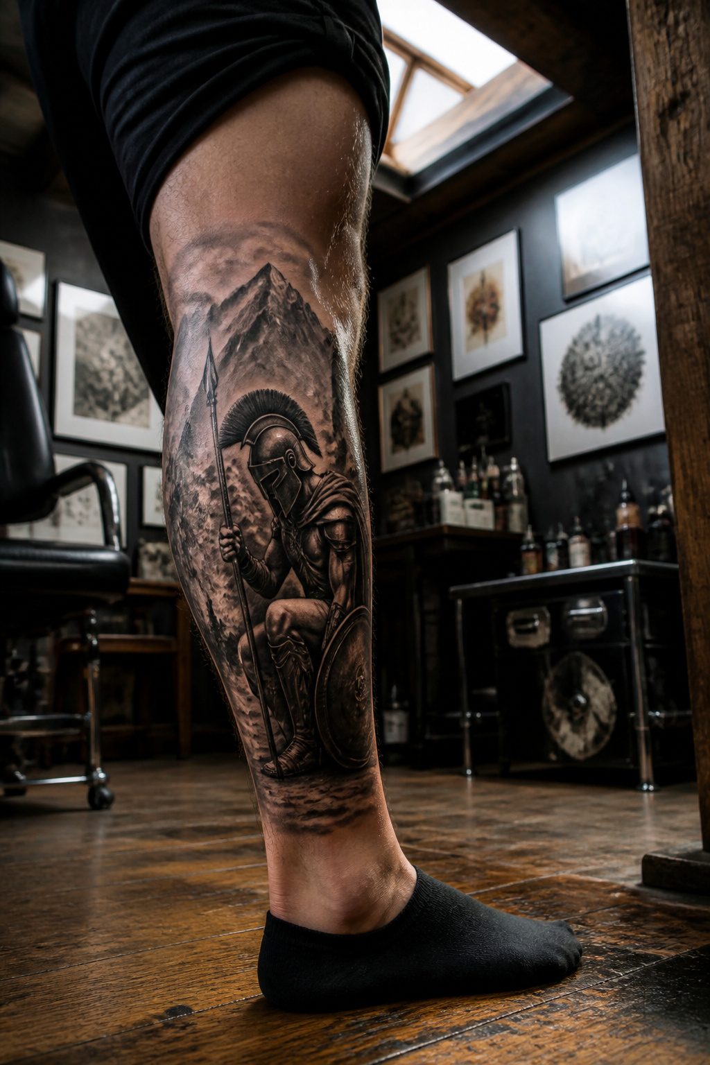 A kneeling Spartan tattoo positioned against rugged mountain terrain.