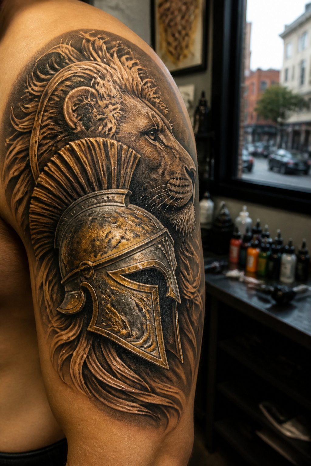 A tattoo featuring a Spartan warrior alongside a lion.