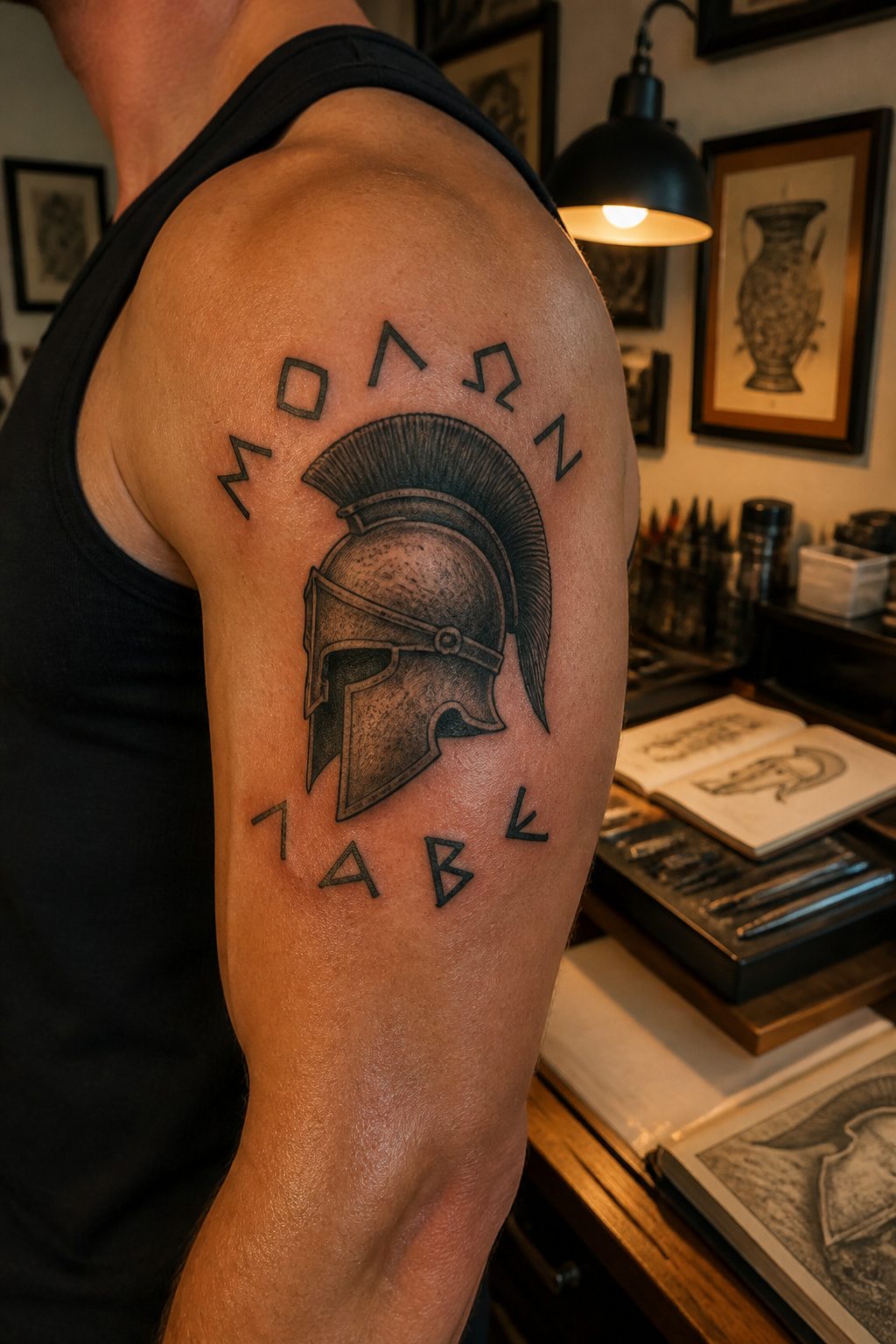 A Spartan helmet tattoo with the phrase ΜΟΛΩΝ ΛΑΒΕ.