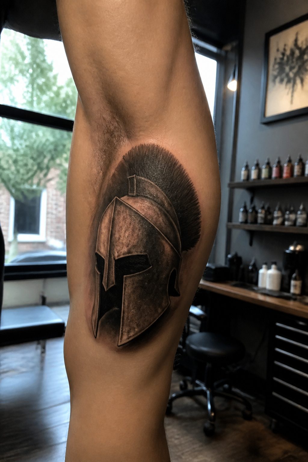 A realistic Spartan helmet tattoo on a client's inner shoulder.