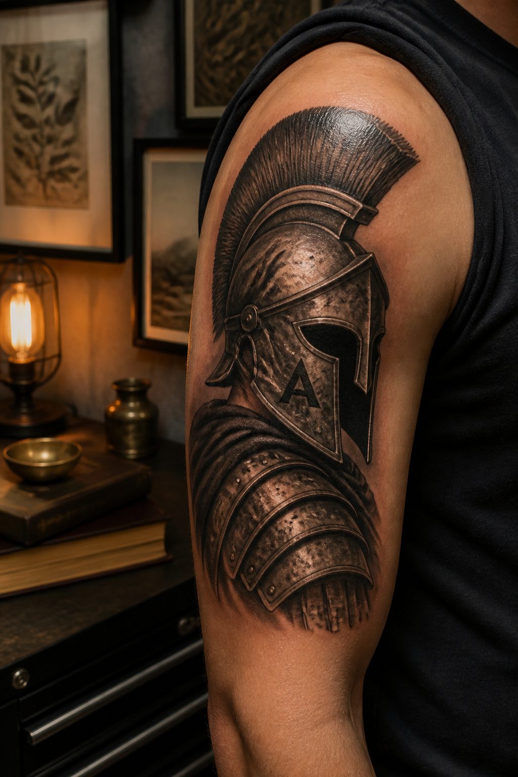 A Roman Spartan helmet tattoo with lambda markings and segmented armor.