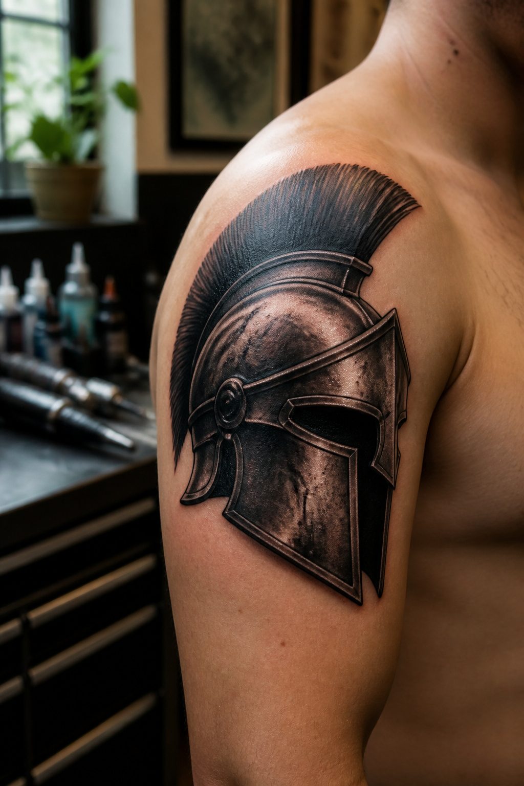A Spartan helmet tattoo placed on a client's shoulder.
