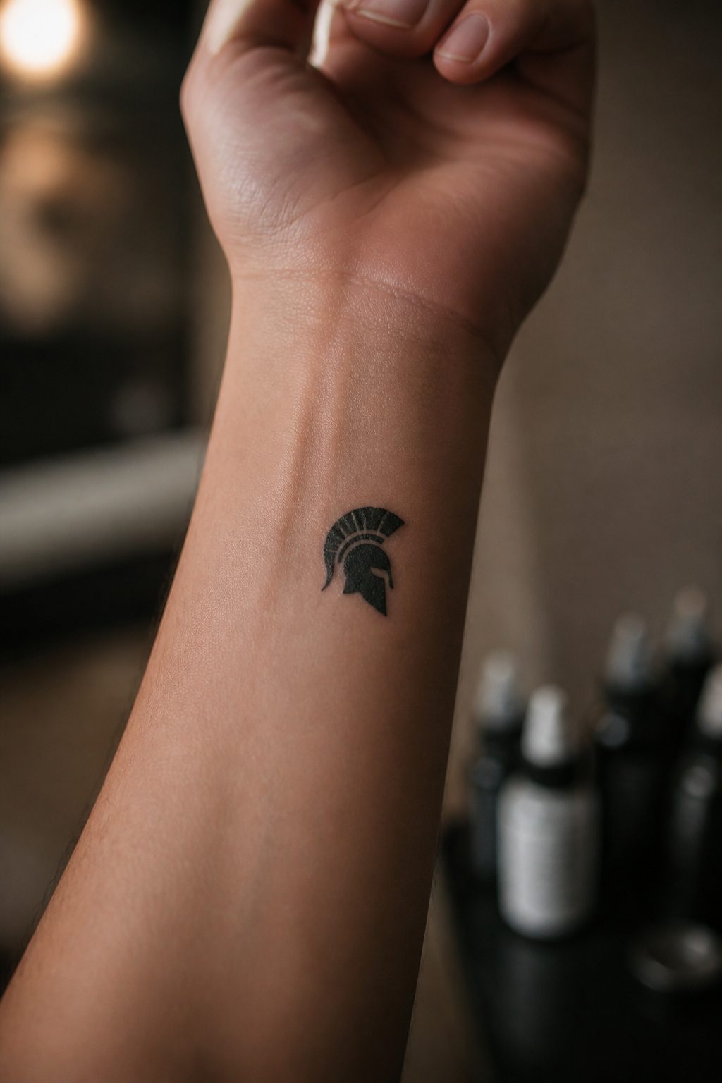 A small Spartan helmet tattoo located behind a client's ear.