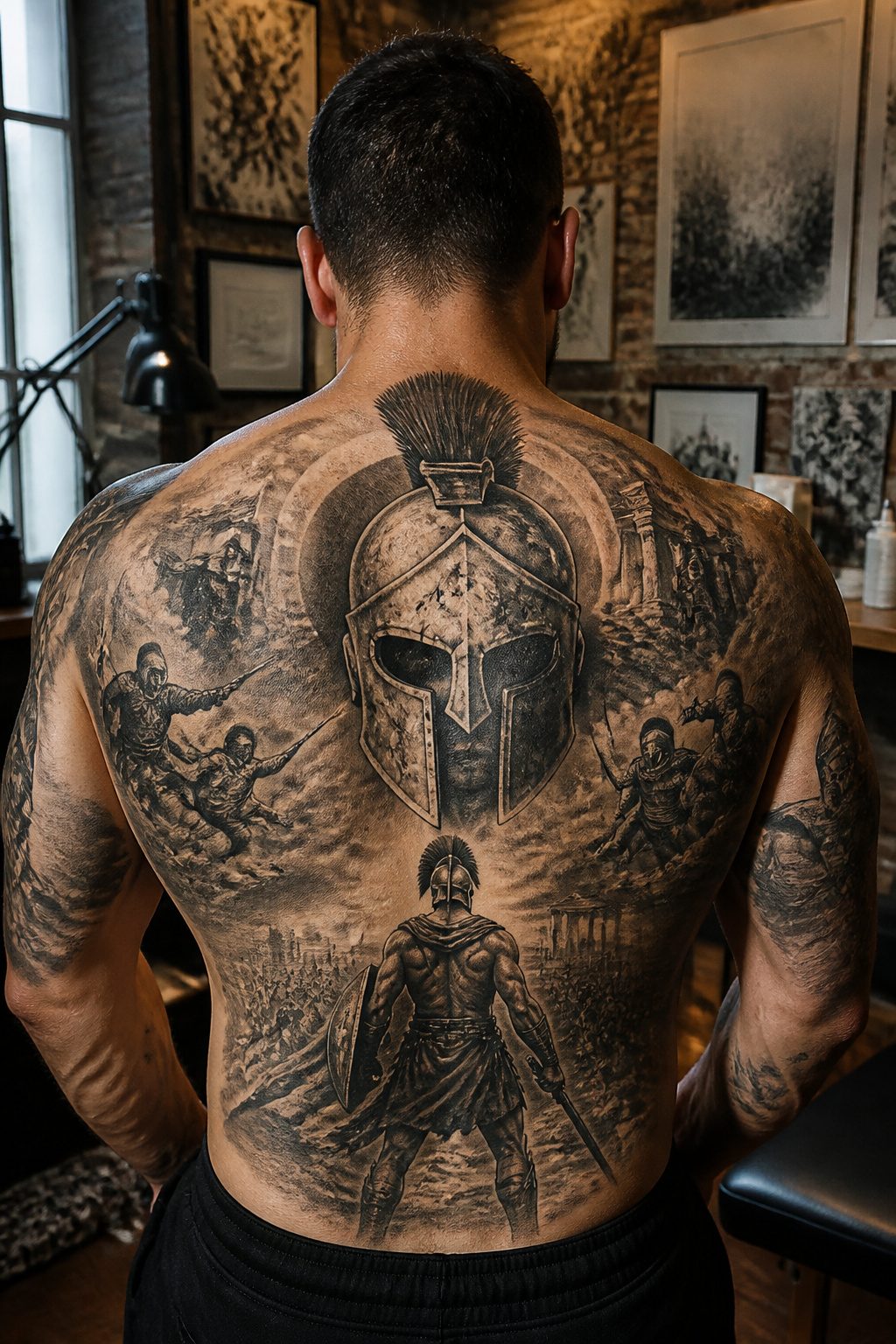 A detailed back tattoo depicting a Spartan warrior and battle imagery.