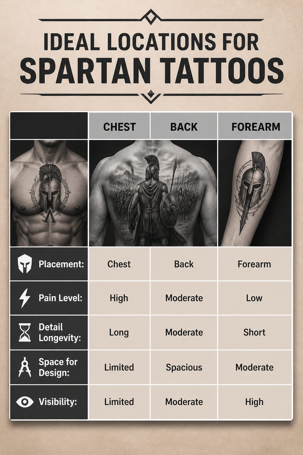 An image showing ideal locations for Spartan tattoos.