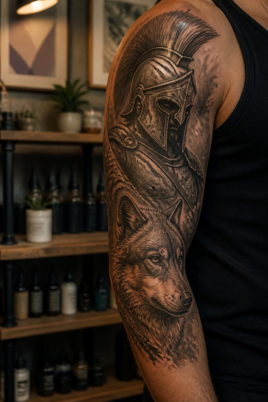 A tattoo of a Spartan warrior alongside a wolf.