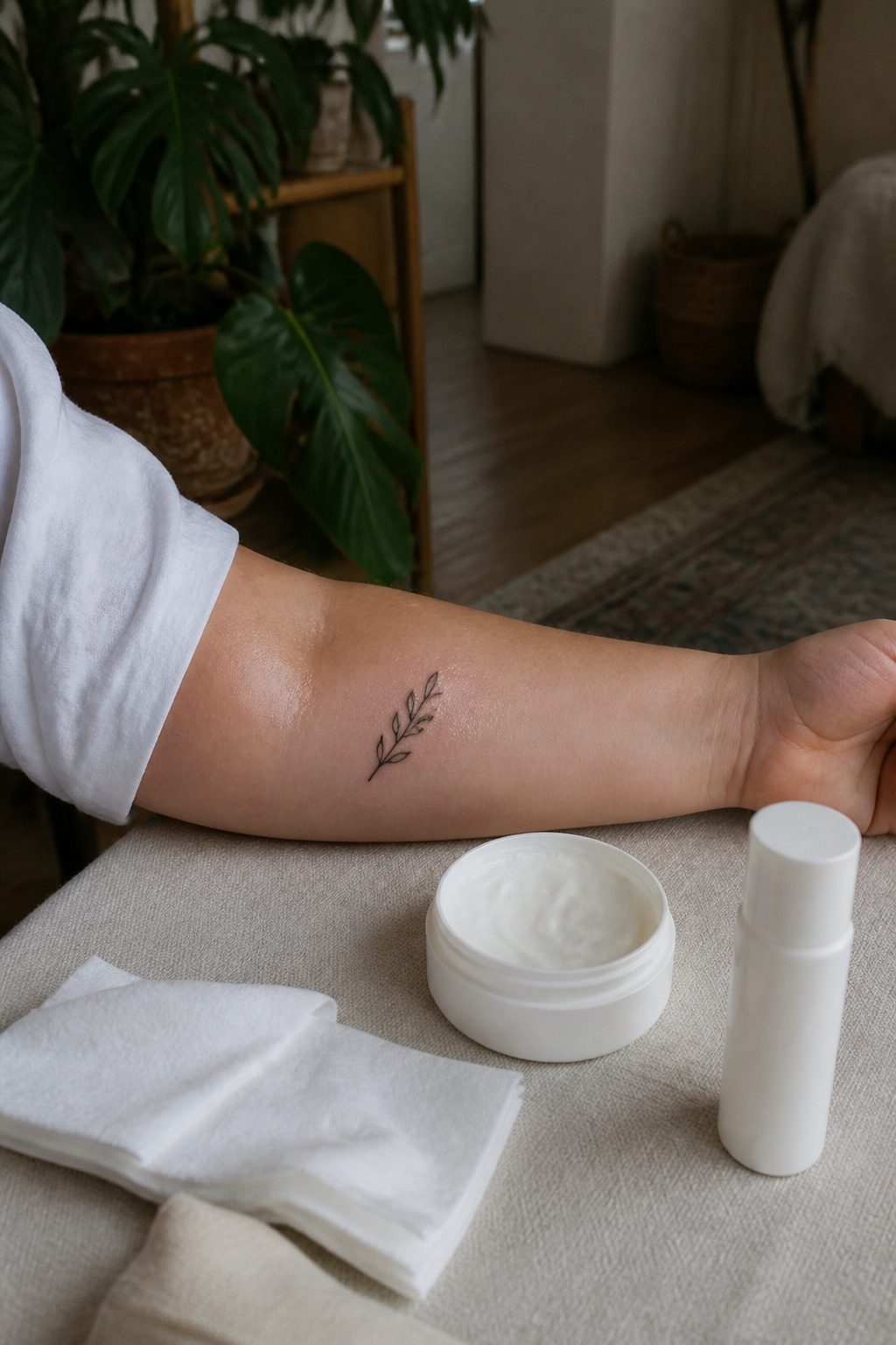 Tattooed forearm resting with moisturizer nearby for aftercare.
