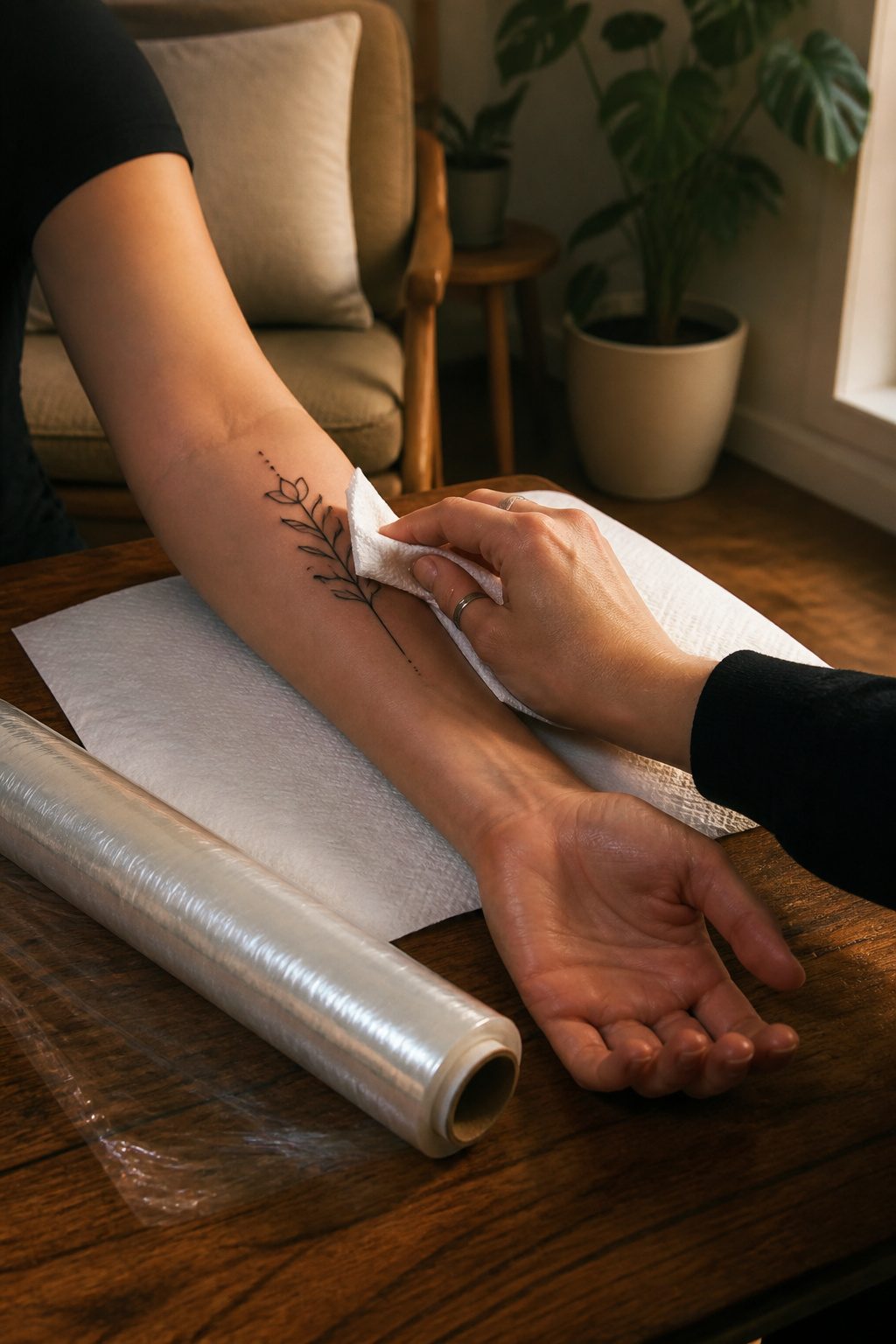 White cloth patting down a newly inked arm, ready for covering.