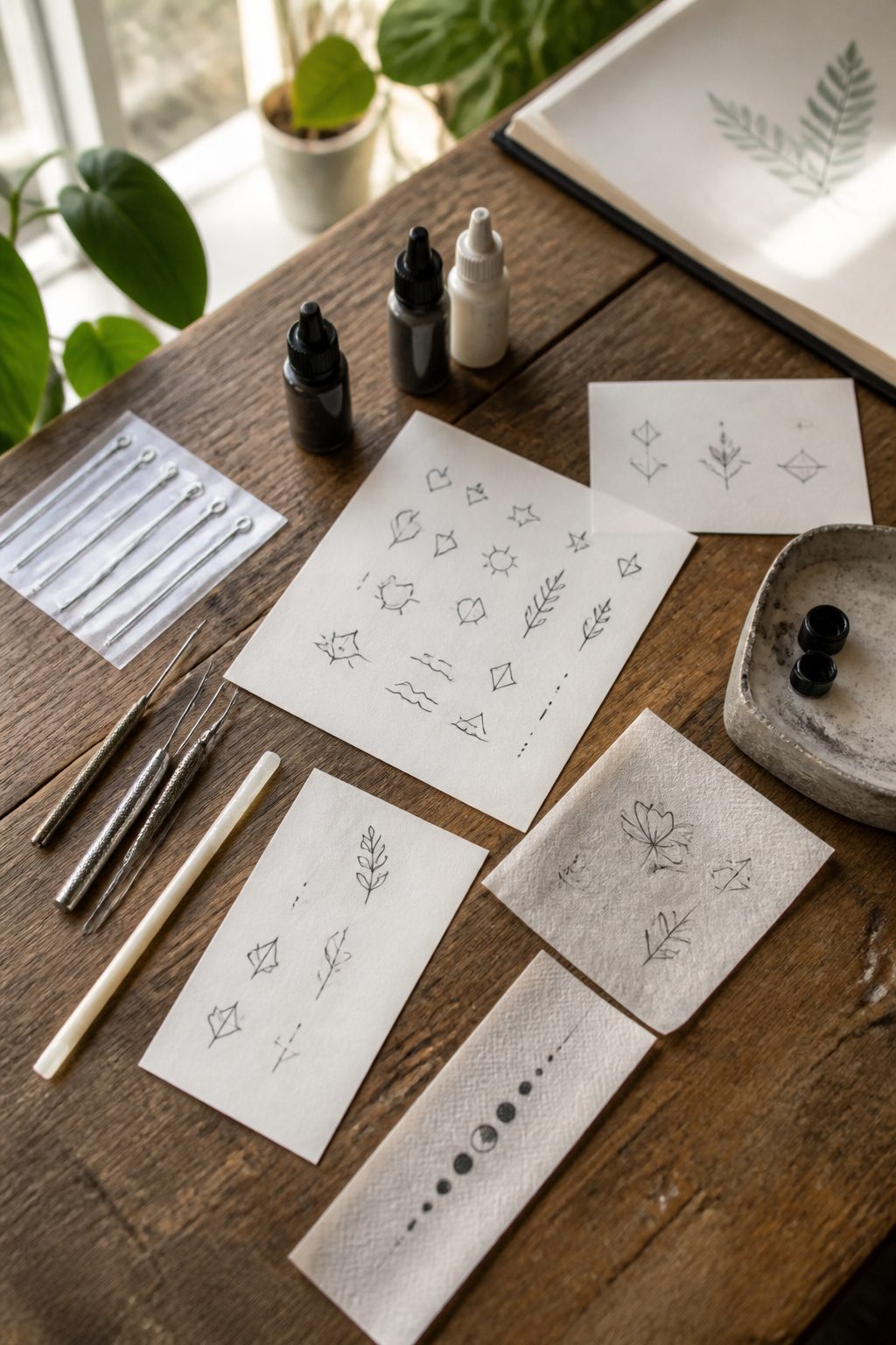 Sketches of simple symbols and shapes for stick and poke tattoos.