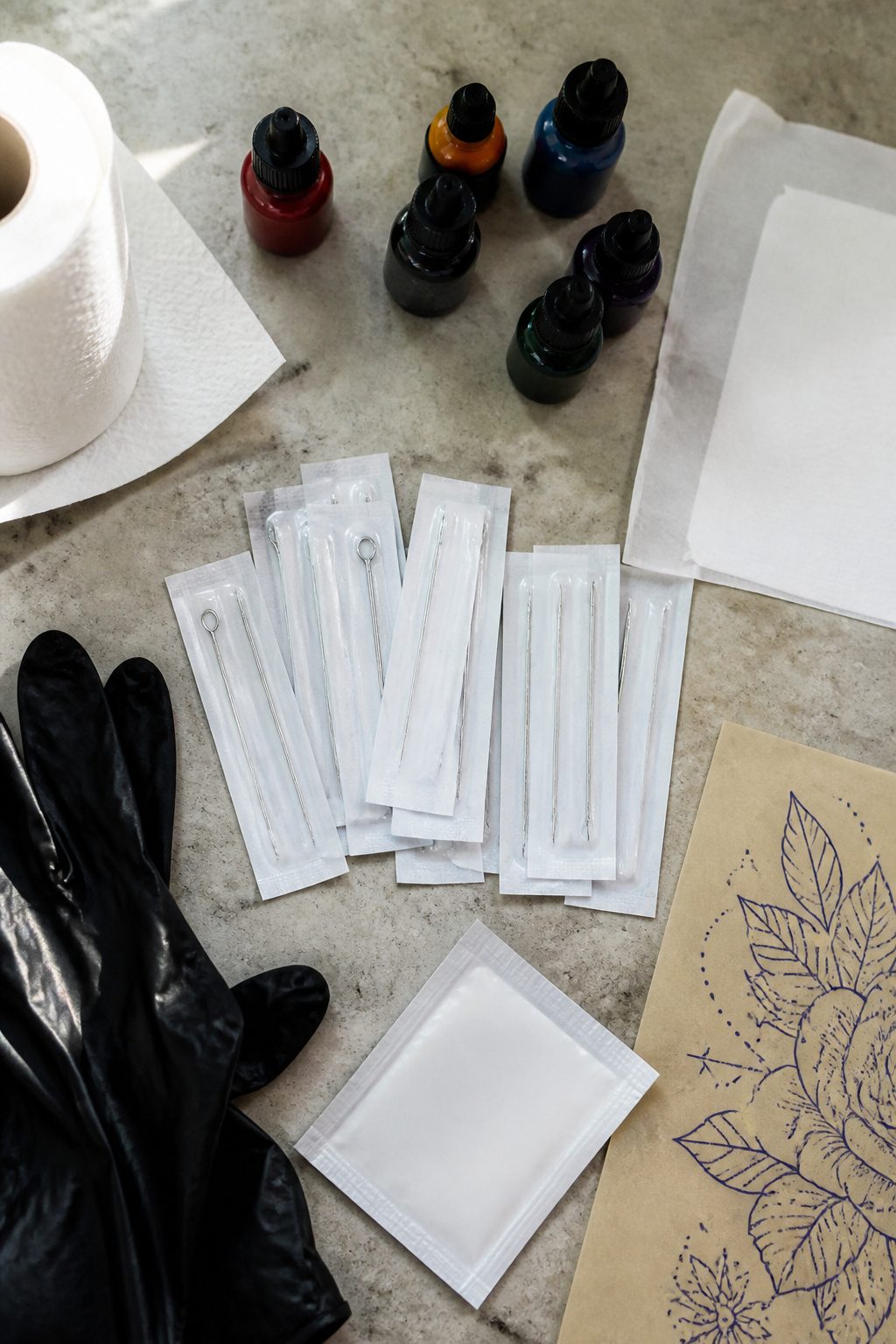 Set of sterile tattoo needles in packaging.