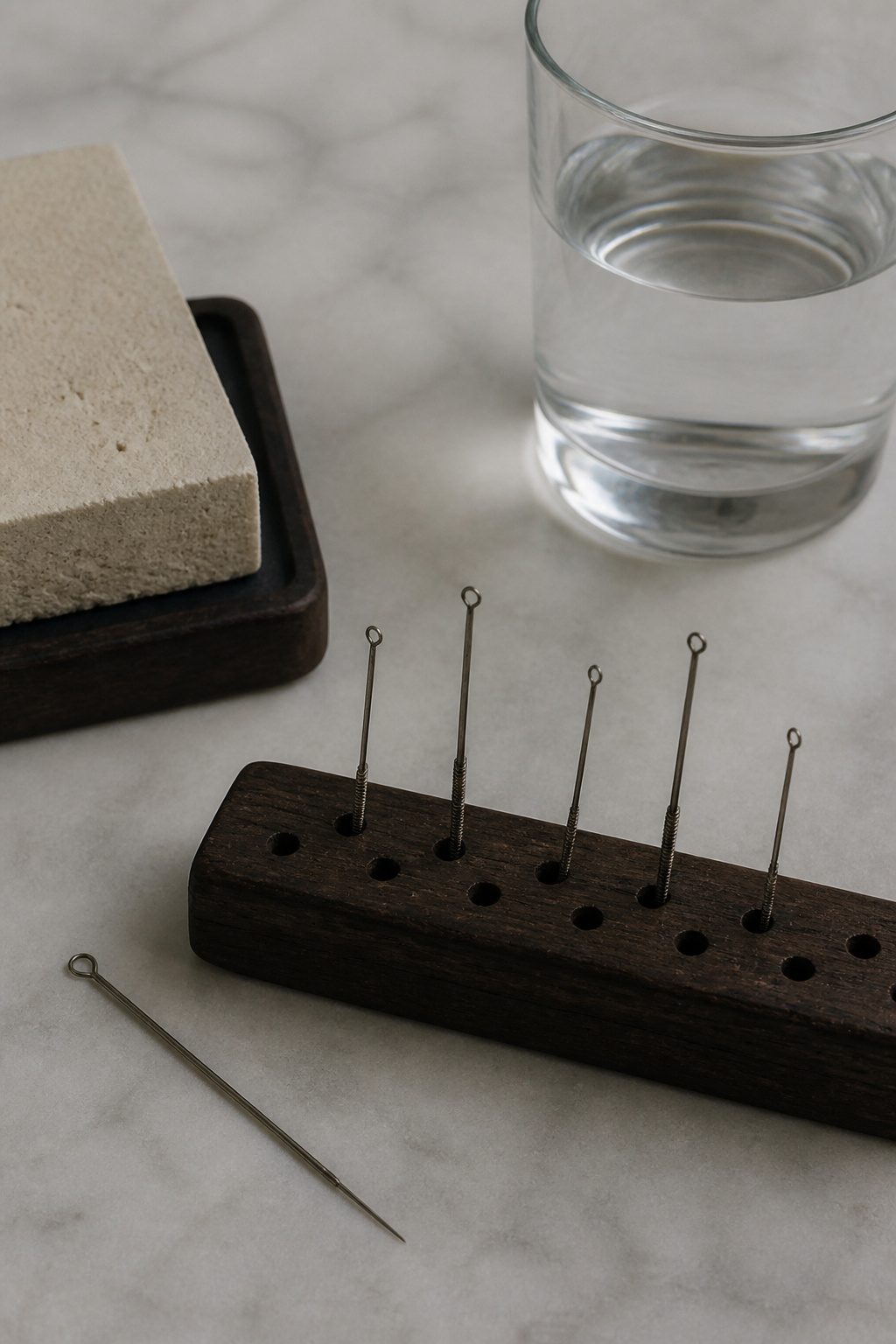 Tattoo needles arranged to suggest depth control in tattooing.