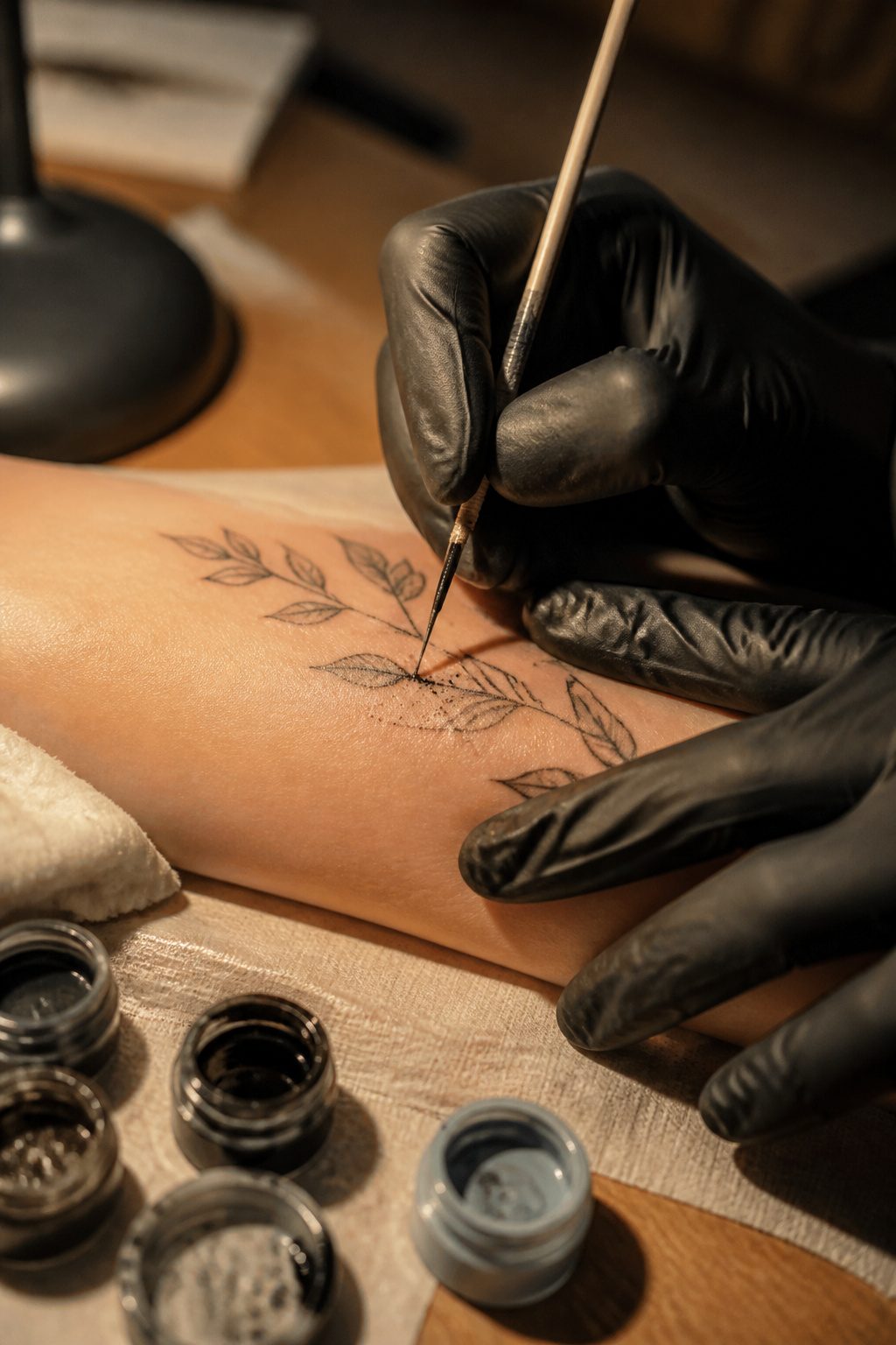 Tattoo needle hovering just above the skin, ready to poke.