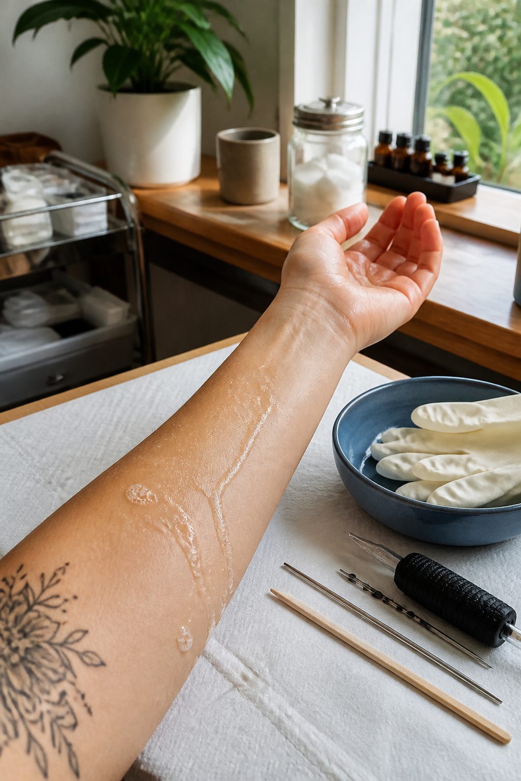 Clean forearm with glistening droplets from antibacterial soap.