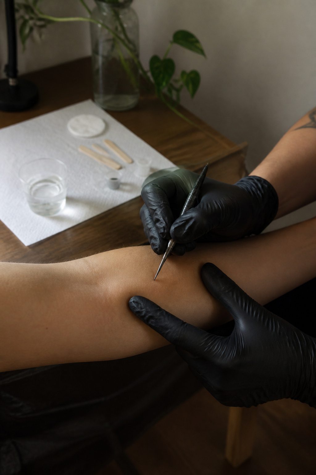 Forearm being stretched as a needle is poised above it.