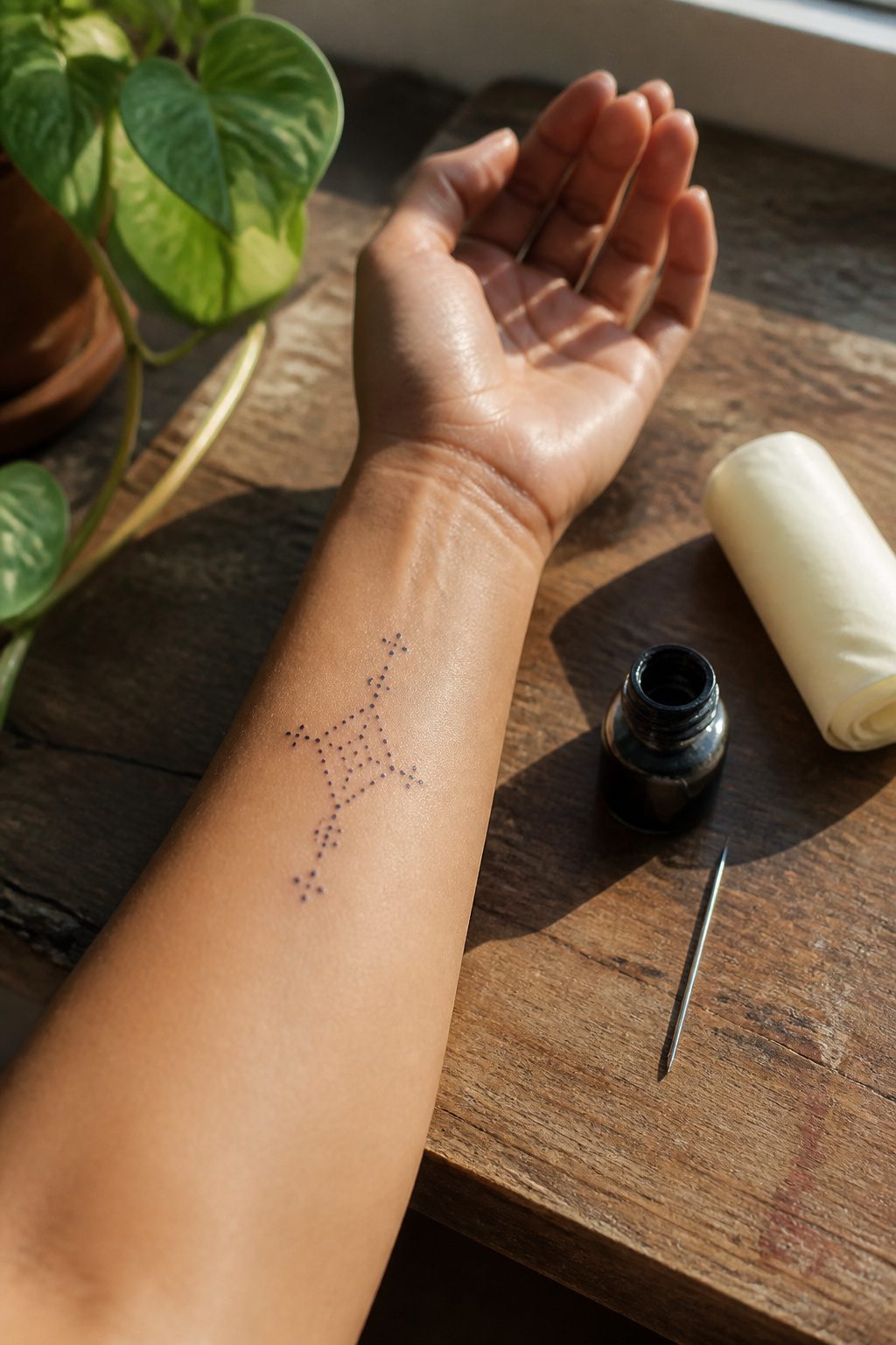 Colorful stick and poke tattoo displayed on a forearm.