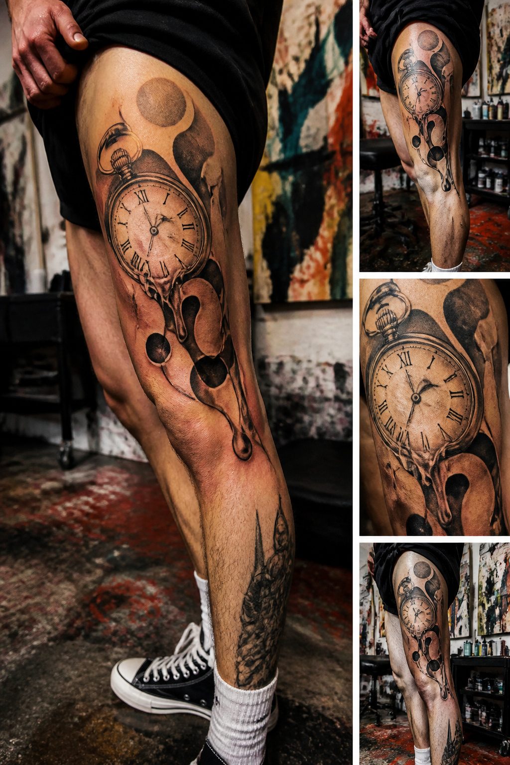 An abstract surreal tattoo displayed on a thigh.
