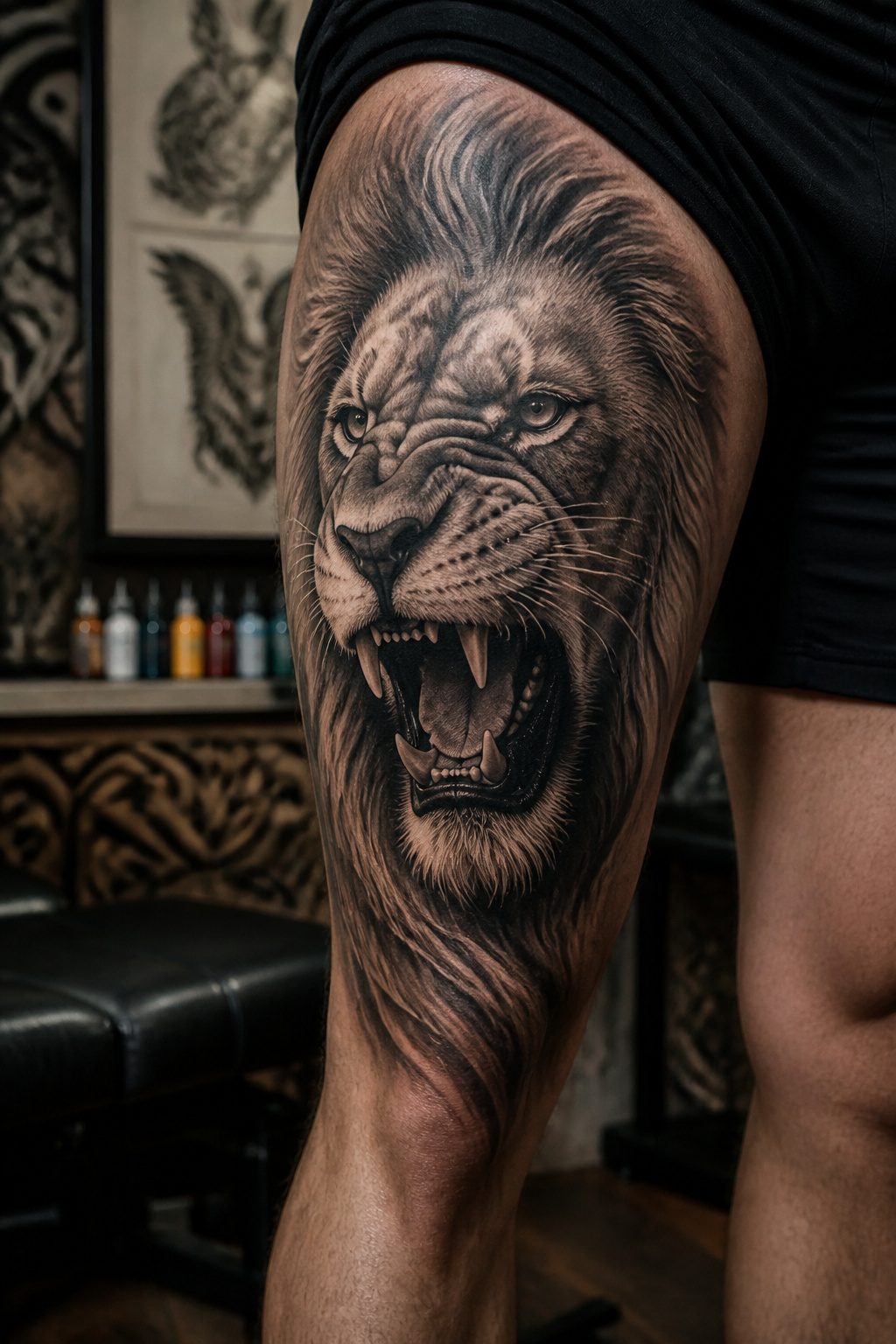 A realistic wolf tattoo howling on a man's thigh.
