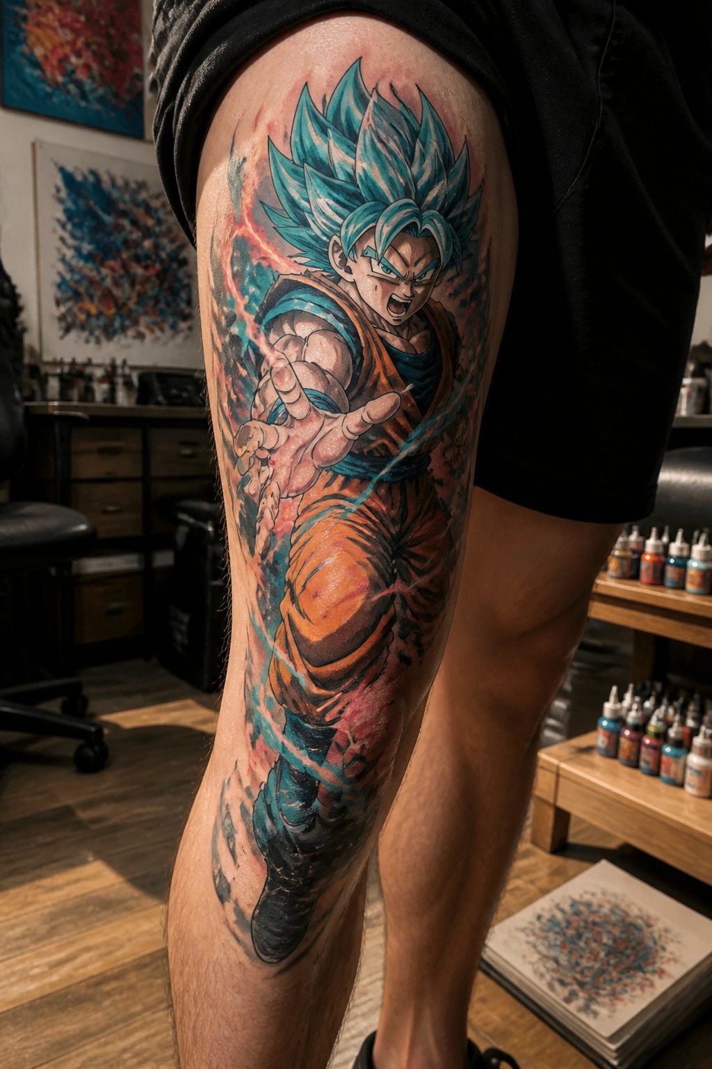 An anime character tattoo in action pose on a man's thigh.