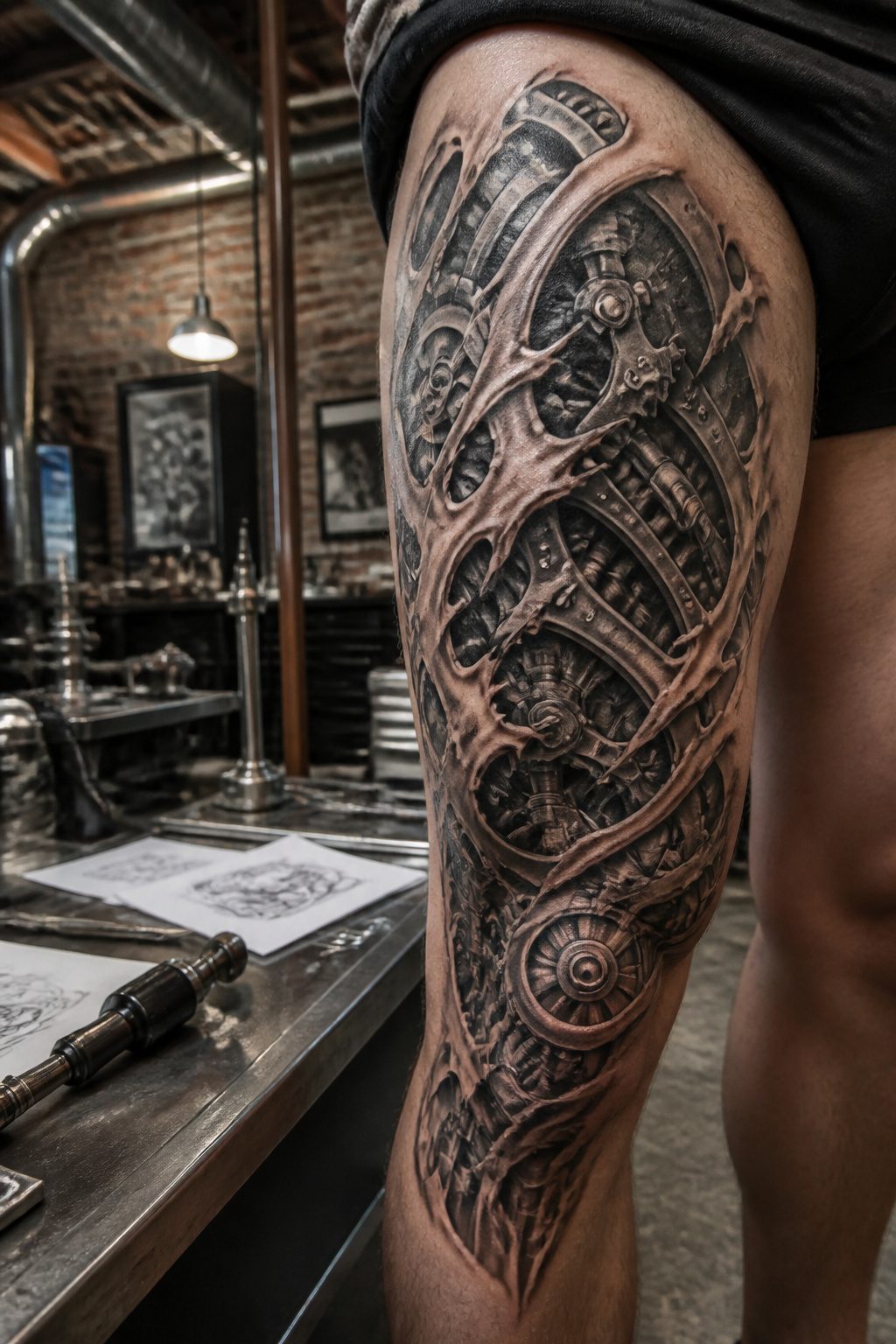 A biomechanical tattoo featuring gears and pistons on a thigh.