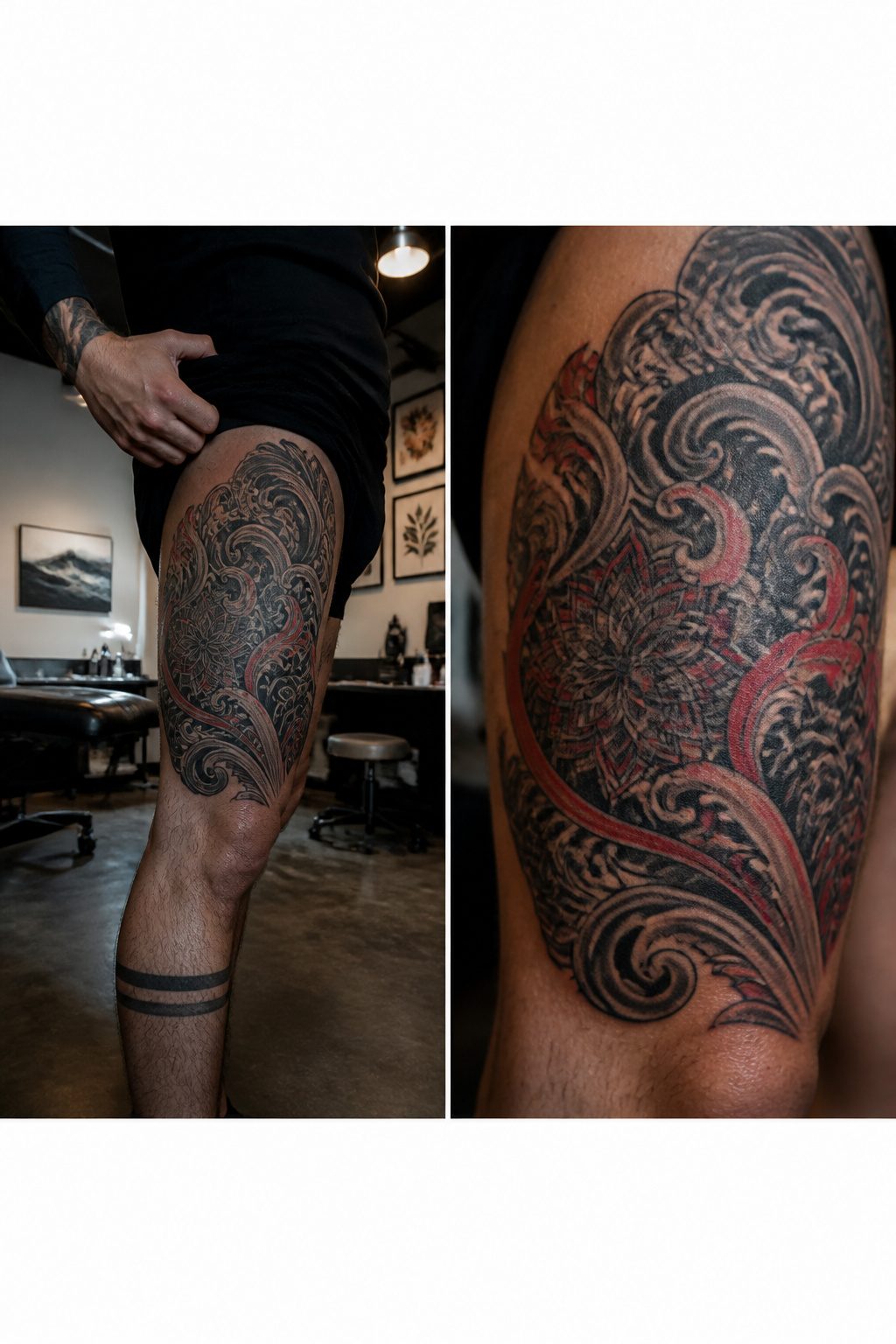 A cover-up tattoo on a man's thigh concealing an old tattoo.