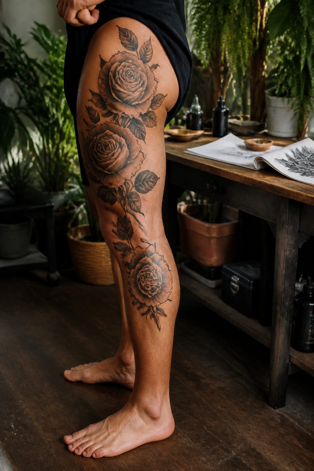 A detailed black-and-gray rose tattoo on a thigh.
