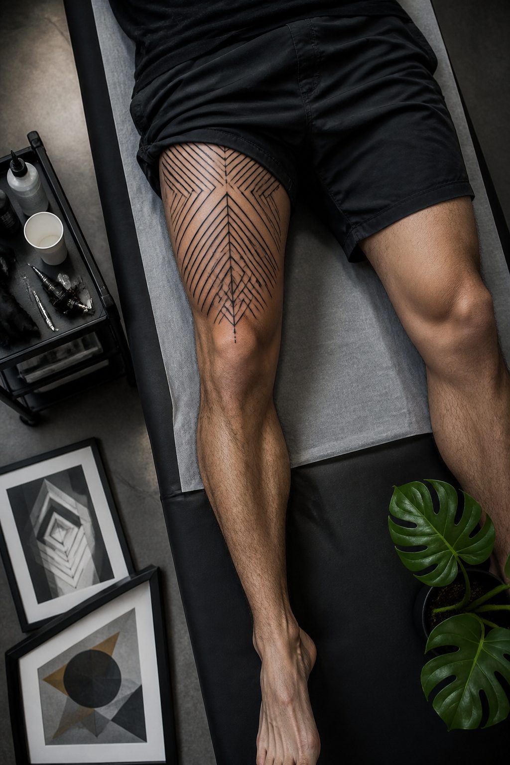 A geometric tattoo featuring precise lines on a man's thigh.
