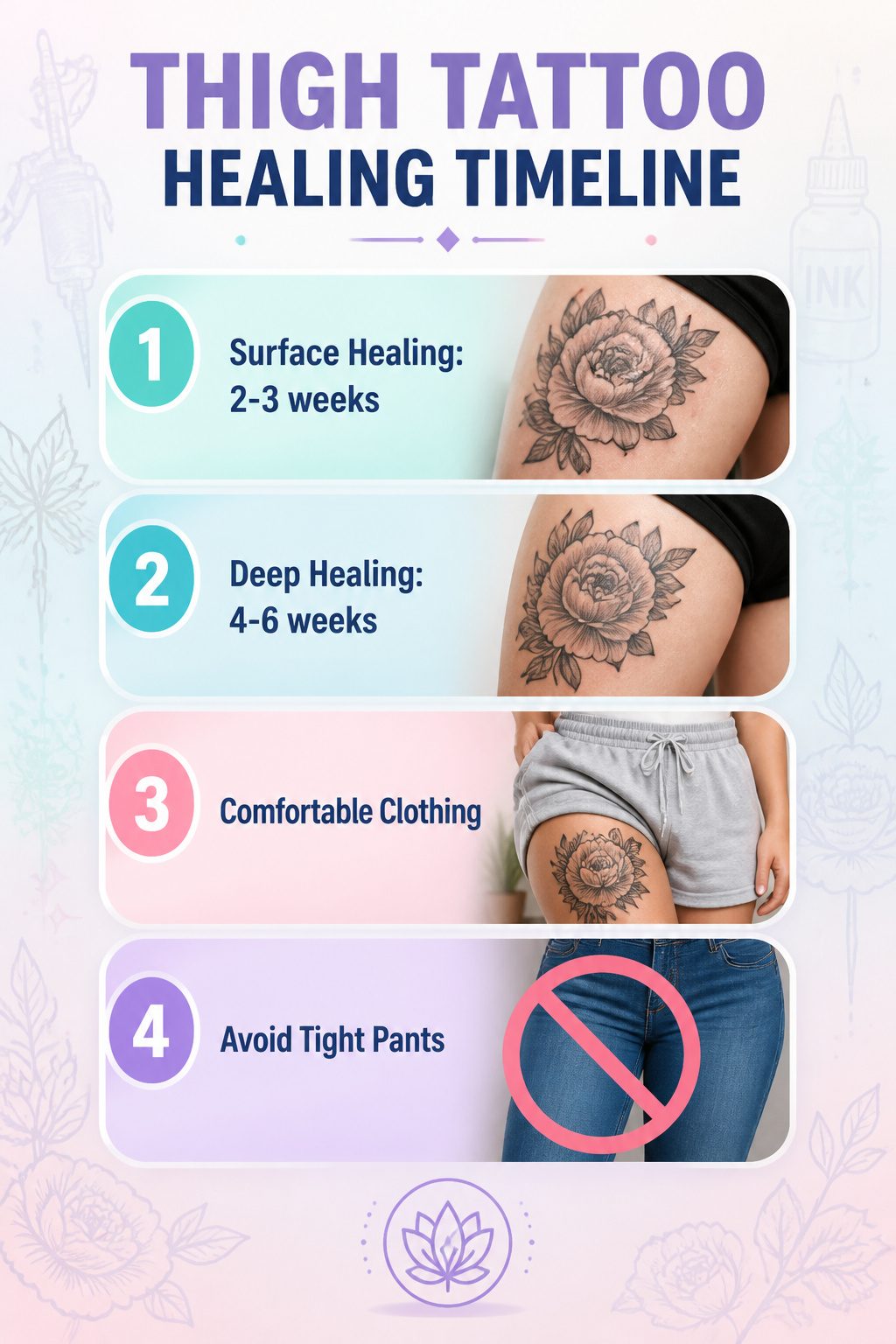 A timeline graphic displaying thigh tattoo healing stages.