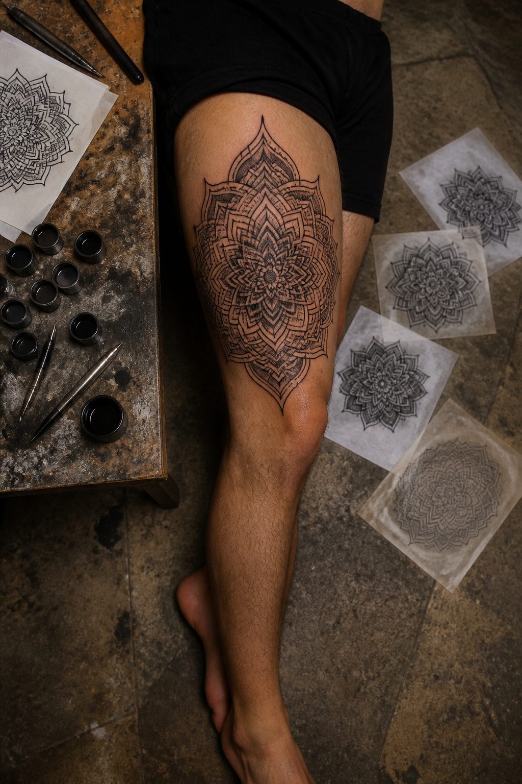 A mandala tattoo with intricate patterns on a man's thigh.