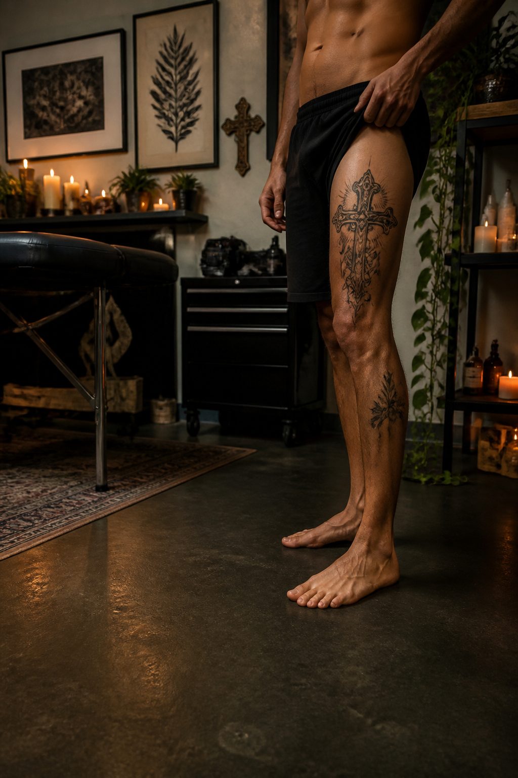A religious cross tattoo displayed on a man's thigh.
