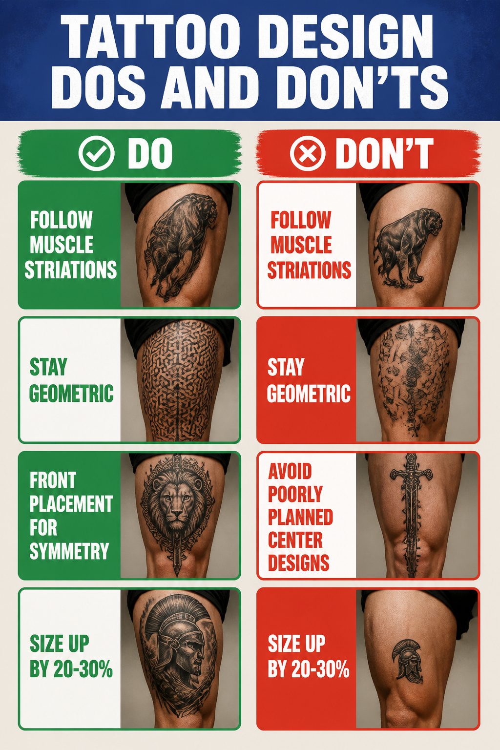 A guide illustrating tattoo design placement on the thigh.