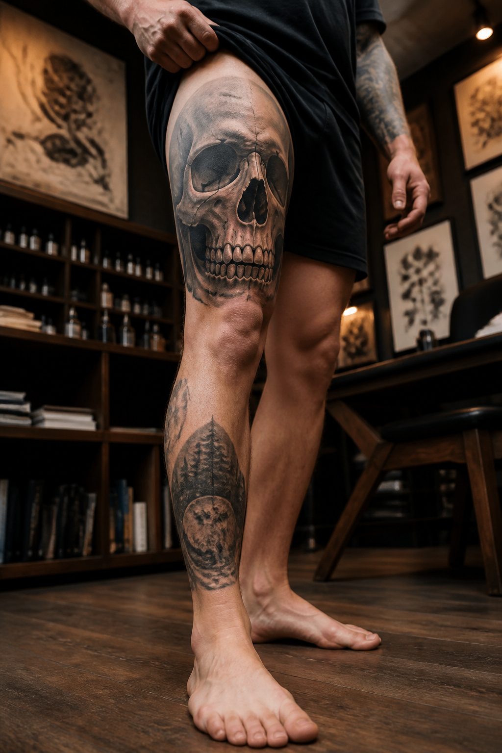 A realistic skull tattoo displayed prominently on a thigh.