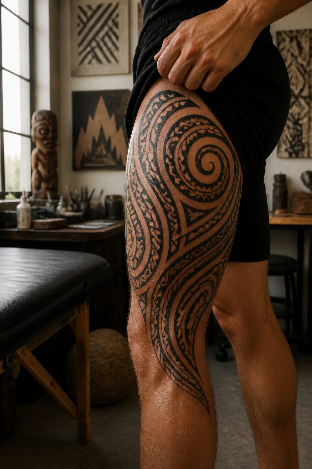 A tribal tattoo with black lines and spirals on a thigh.