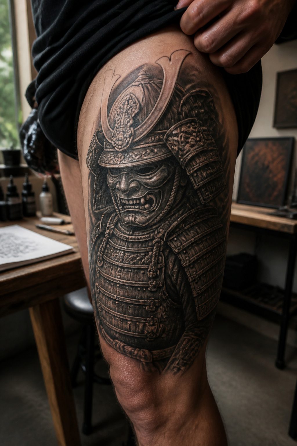 A thigh tattoo depicting samurai armor in detailed design.