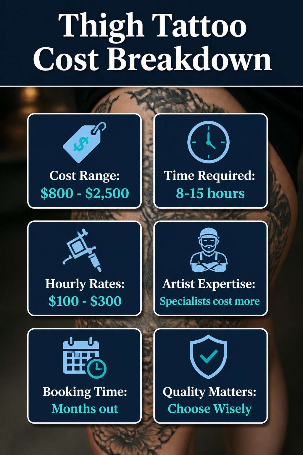 A chart detailing thigh tattoo costs and session times.