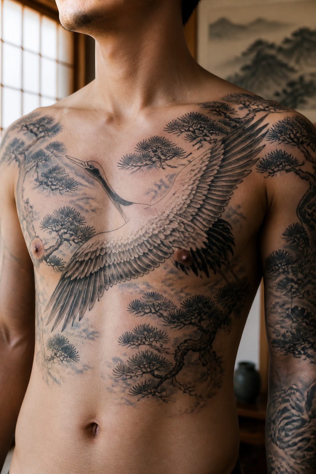 A crane tattoo on the upper back, showcasing traditional Japanese motifs.
