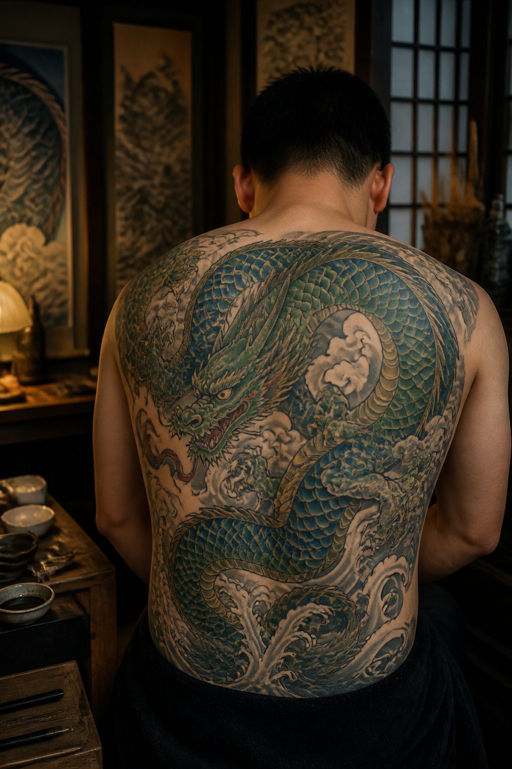 A dragon tattoo on the back, illustrating traditional Japanese design.
