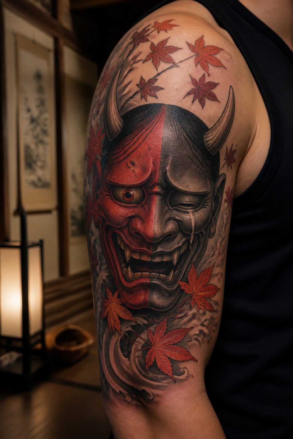 A Hannya mask tattoo, illustrating traditional Japanese theatrical art.