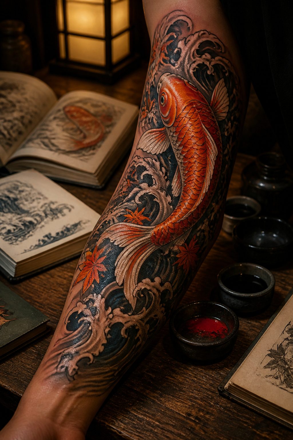 A koi fish tattoo on the arm, depicting traditional Japanese art.
