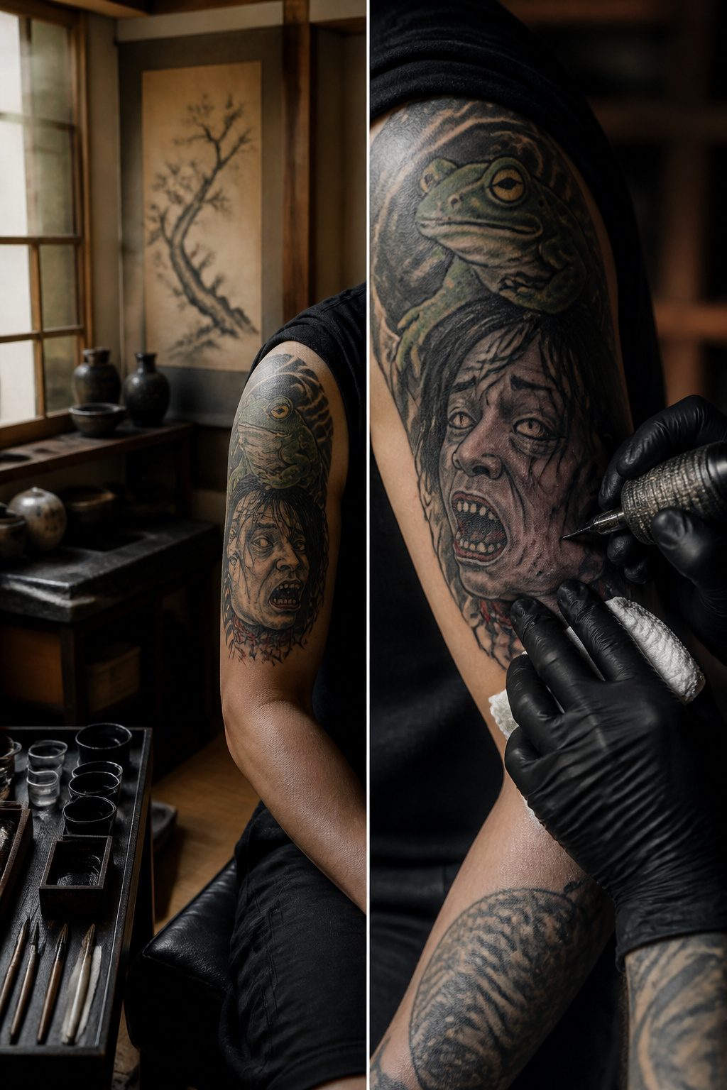 A namaku tattoo and frog design, illustrating traditional Japanese meanings.