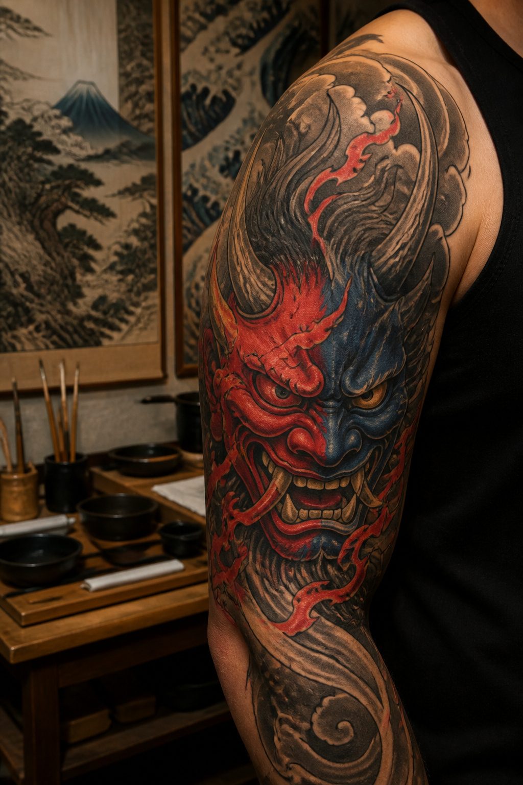 An oni tattoo on the arm, representing traditional Japanese folklore.