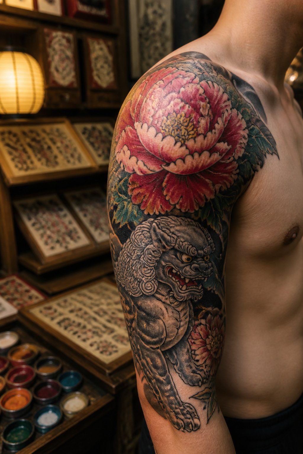 A peony tattoo, illustrating traditional Japanese floral motifs.