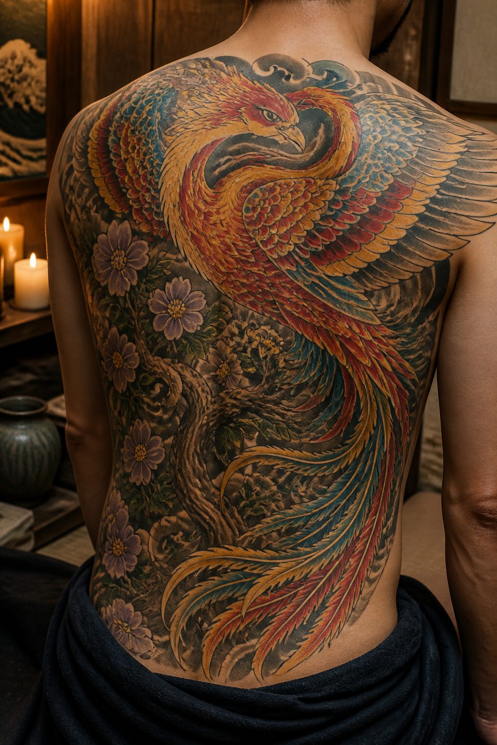 A phoenix tattoo on the back, showcasing traditional Japanese imagery.