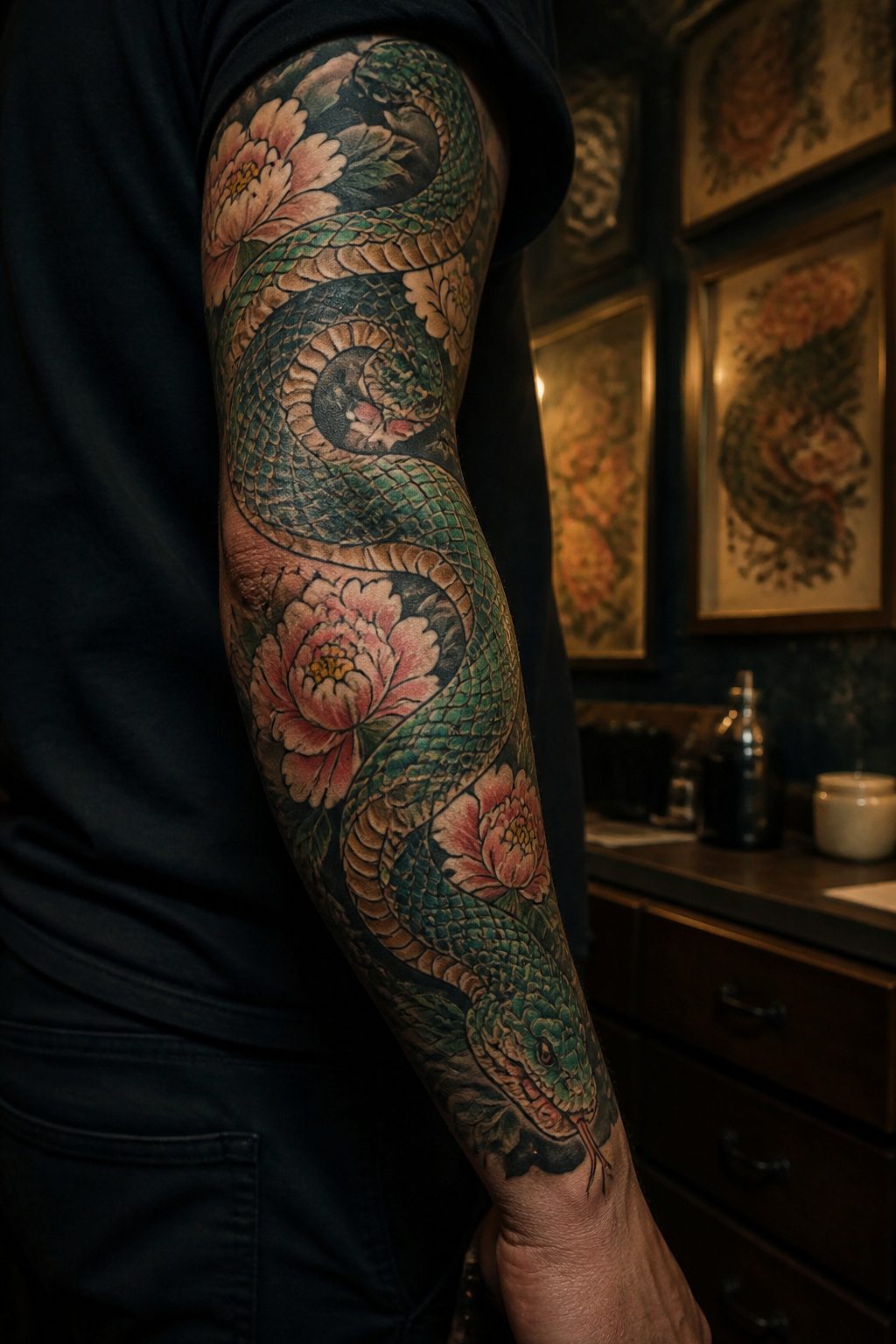 A snake tattoo on the arm, reflecting traditional Japanese tattoo design.